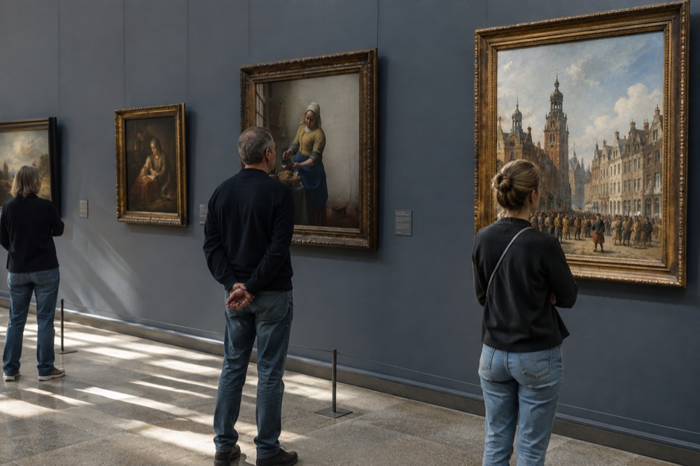 Sunflowers painting style gallery wall with visitors viewing framed artworks