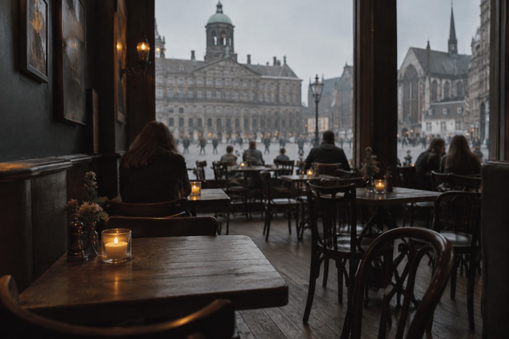 A dimly lit traditional café interior with candles on wooden tables