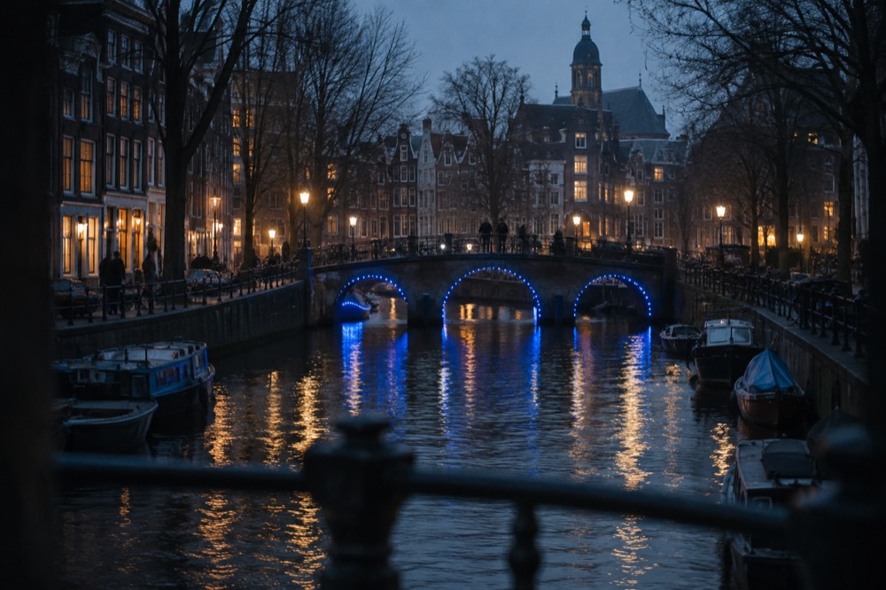A canal in Amsterdam at night with bridges lit by soft blue lamps reflecting on dark water