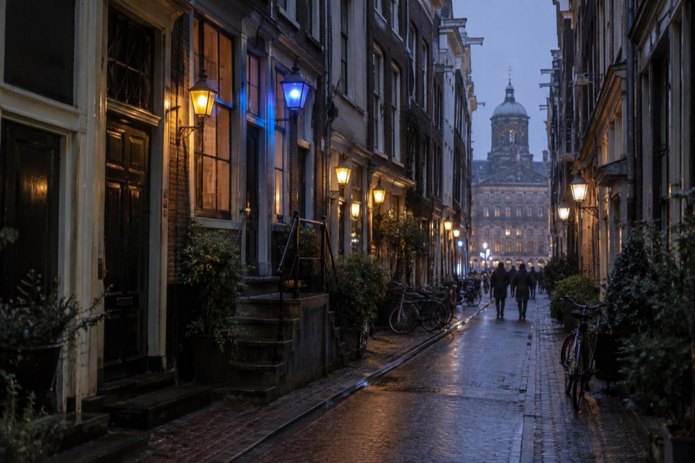 A narrow lane of old Amsterdam canal houses at night with warm and blue lights glowing above doorways