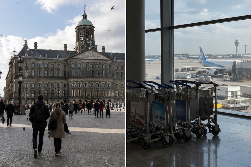 Airport hotel corridor with luggage trolleys parked beside floor-to-ceiling windows overlooking a runway