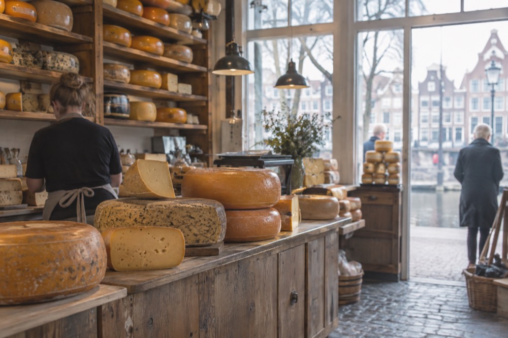 A cheese shop counter with wheels of Gouda stacked on wooden shelves