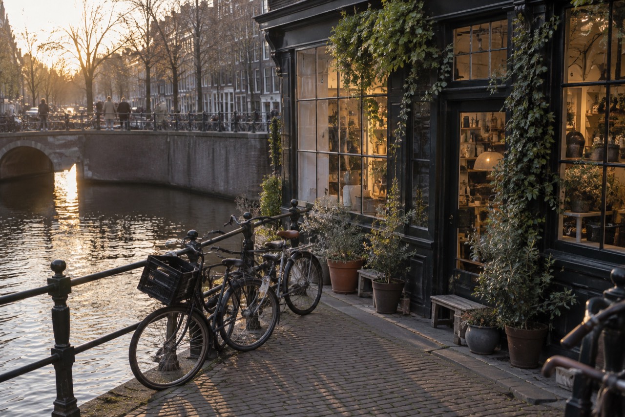 A canal-side shop front in Amsterdam with bicycles parked outside