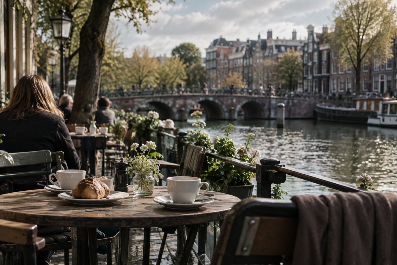A canal-side cafe terrace in Amsterdam with small tables, bread rolls and coffee cups set out along the water