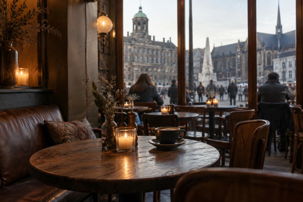 A cosy brown cafe interior with candles on wooden tables and a chalkboard menu in Amsterdam