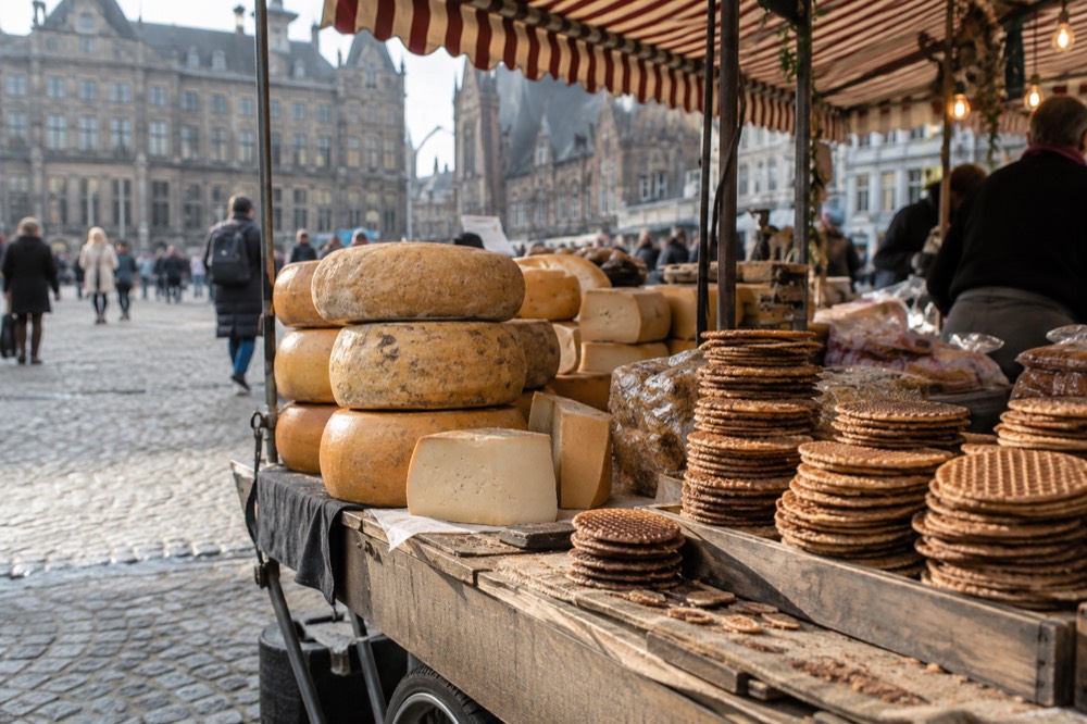 A market stall in Amsterdam with wheels of cheese and fresh stroopwafels under a striped awning