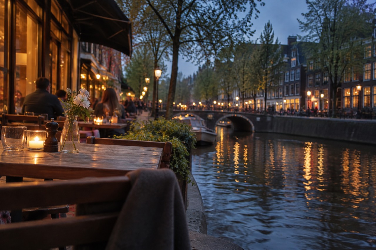Canal-side restaurant terrace in Amsterdam at dusk with warm window lights reflecting on the water