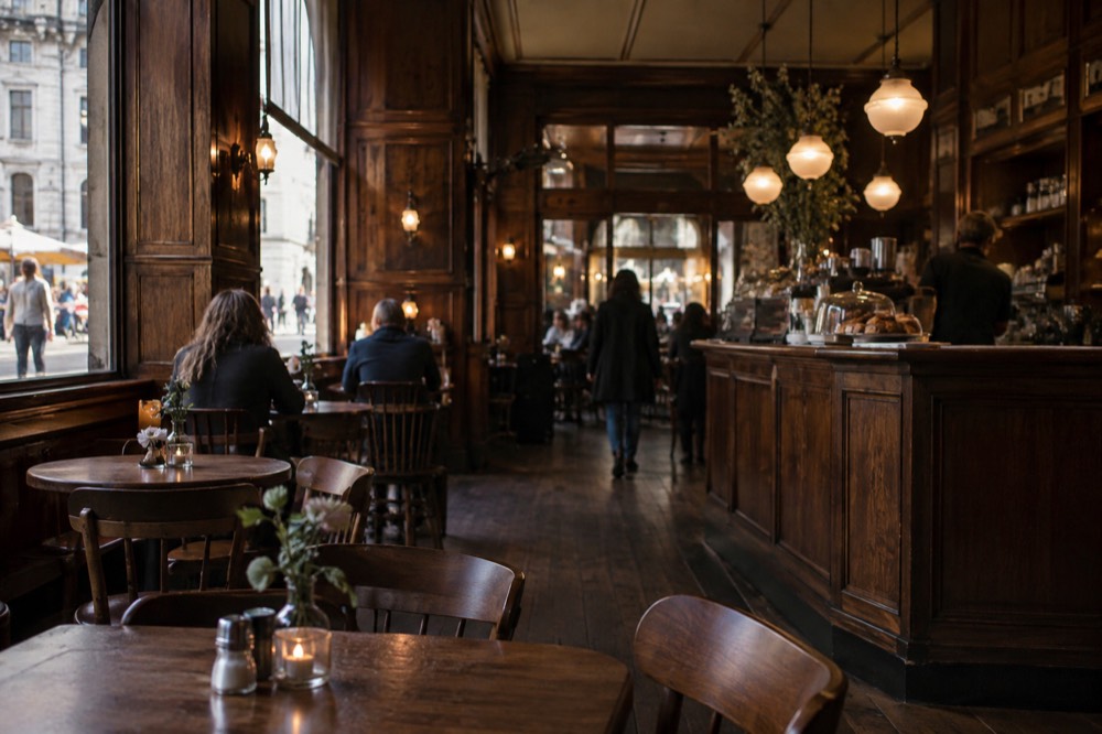 A cosy wood-panelled interior with small tables, dim lighting and a serving counter