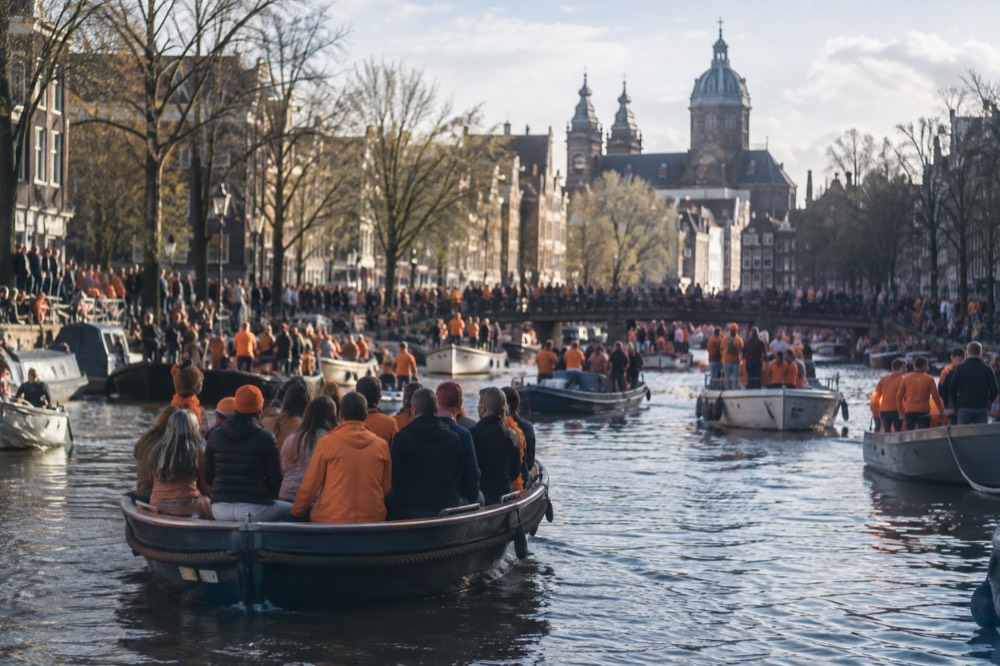 Boats packed with revellers in orange drift along a wide Amsterdam canal