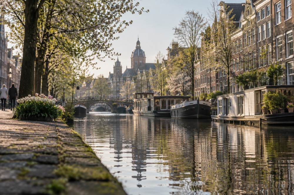 A quiet Amsterdam canal in late April with blooming trees and moored houseboats