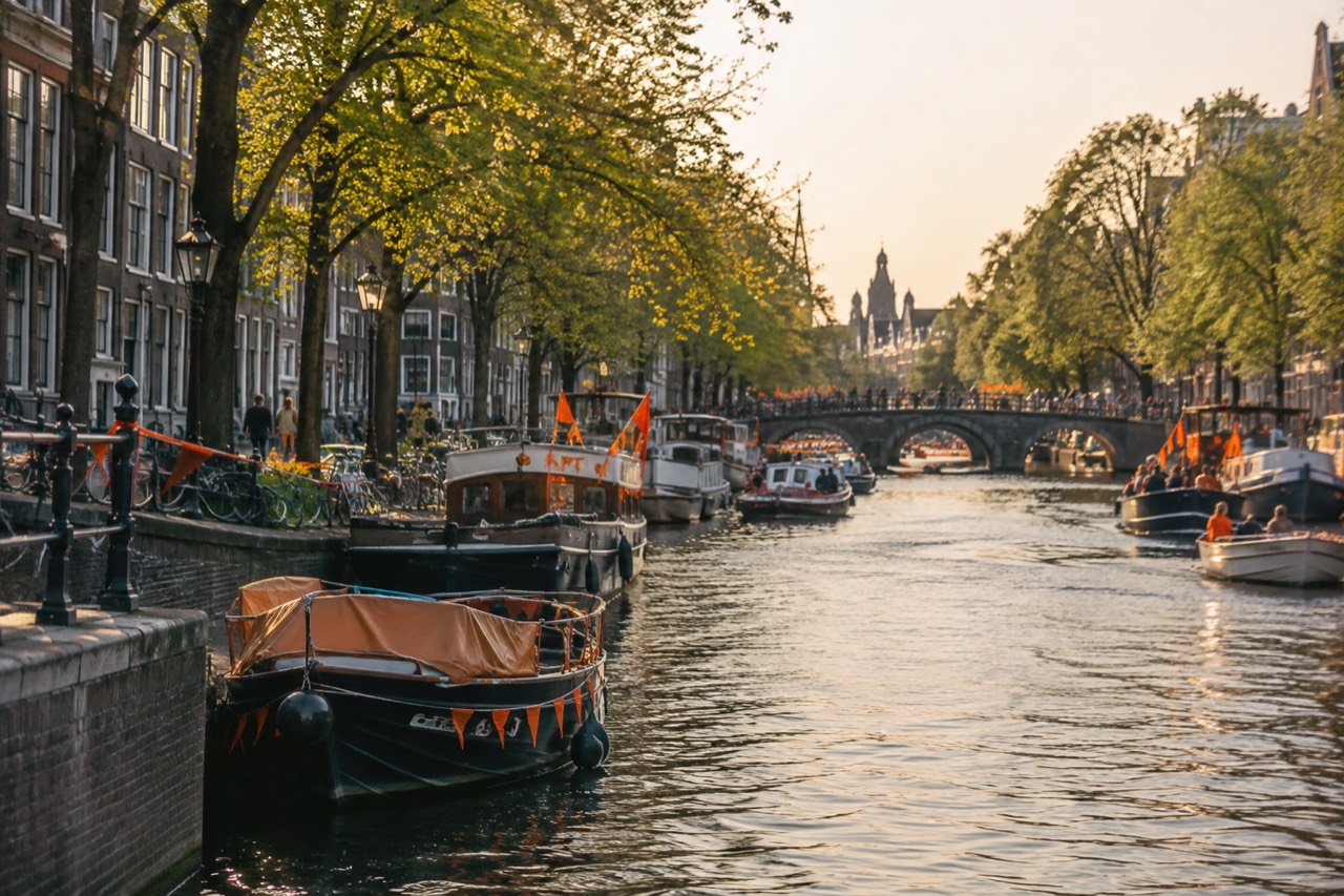 A canal in Amsterdam lined with boats flying orange flags on a sunny spring day