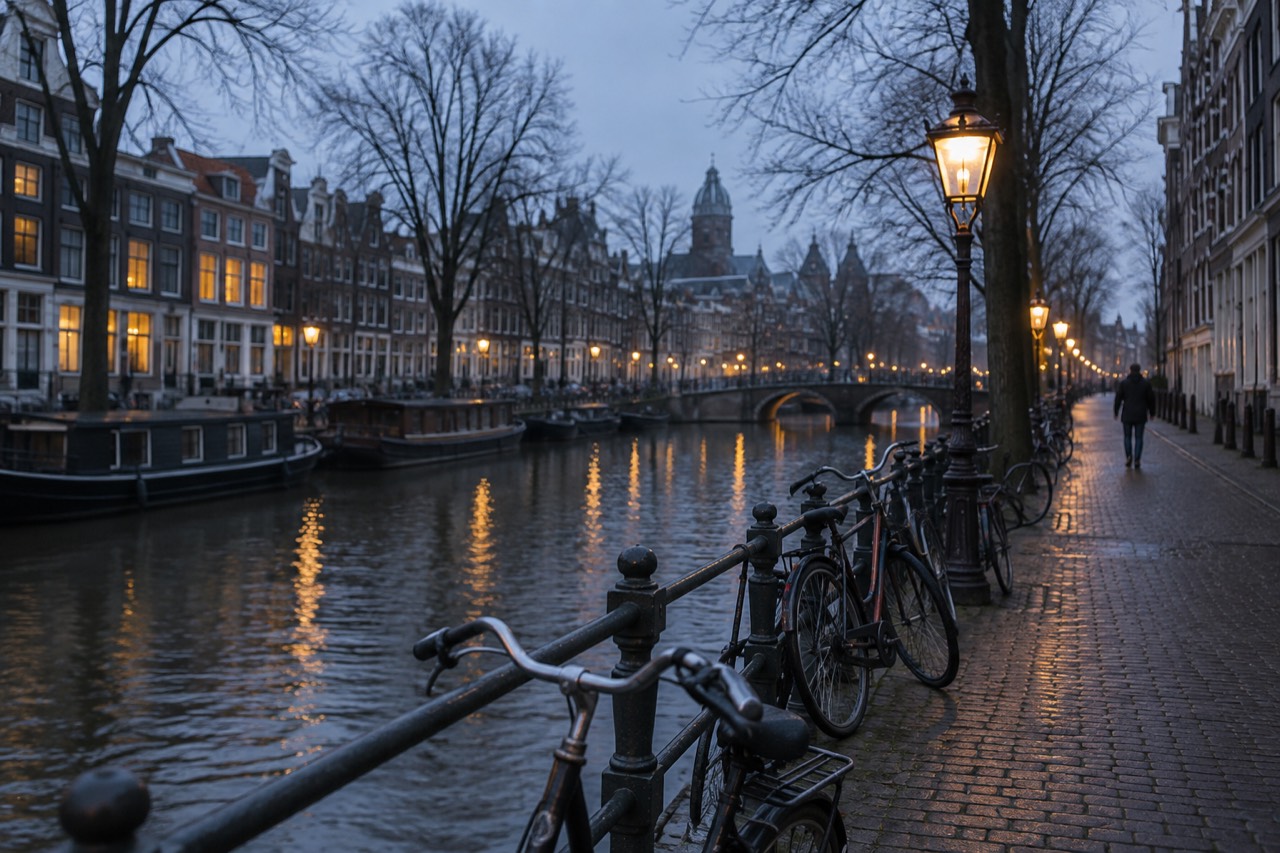An empty Amsterdam canal quay in winter with bare trees and parked bicycles