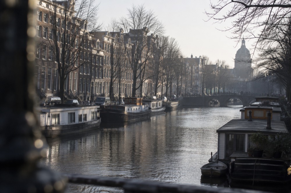 Bare trees lining an Amsterdam canal with moored boats and narrow gabled houses in grey winter light