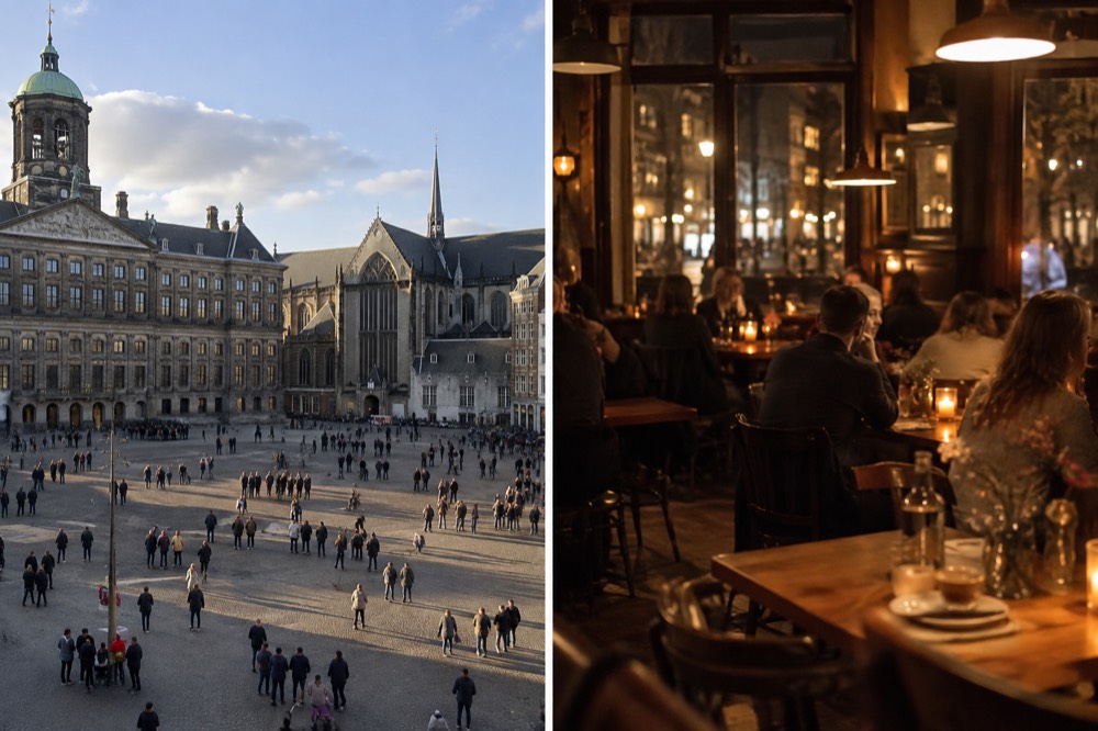 A warm Amsterdam café interior with glowing lamps and people seated at wooden tables on a dark winter evening