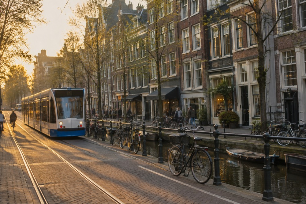 A tram passing a row of small independent shops on a canal-lined street in central Amsterdam
