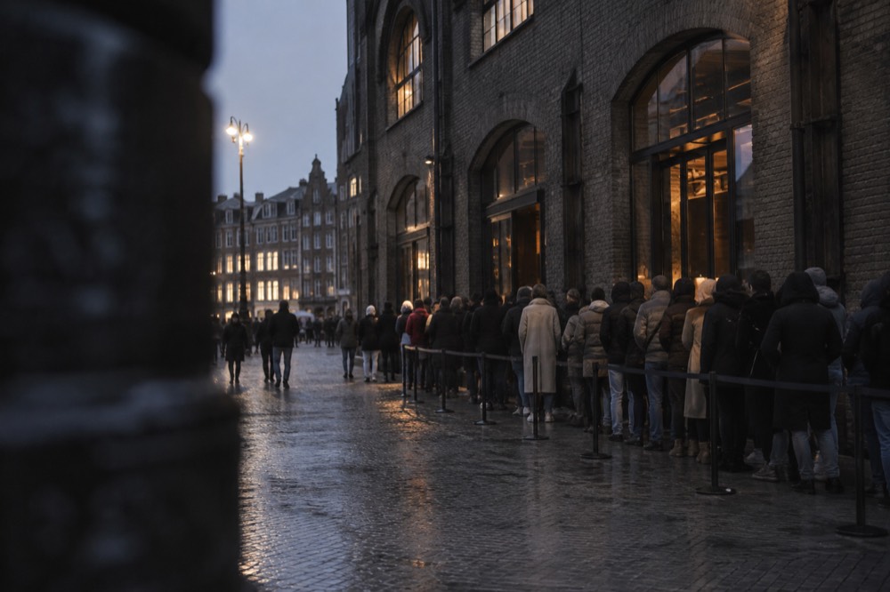 Long queue of people in coats waiting outside a converted warehouse venue in Amsterdam after dark