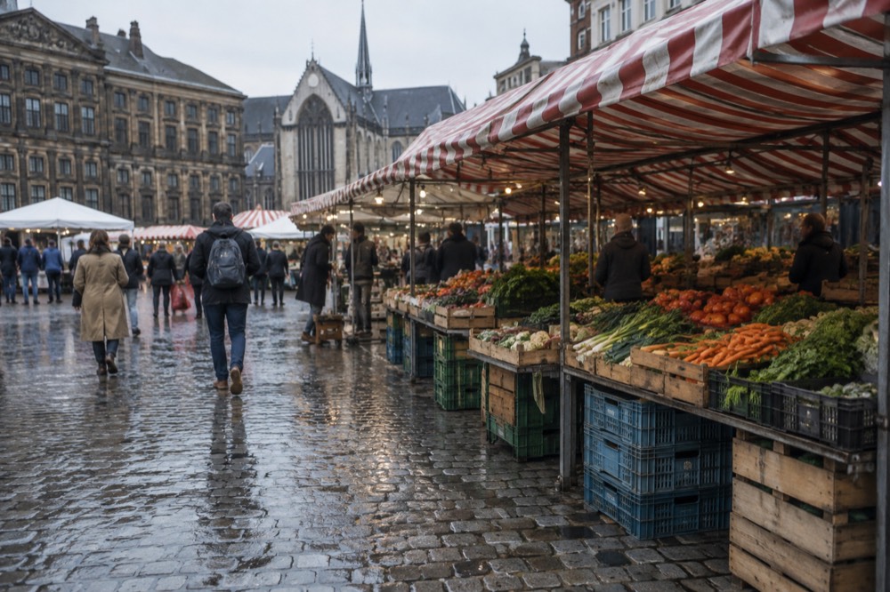 A row of market stalls with striped canopies and crates of fresh produce on an Amsterdam street