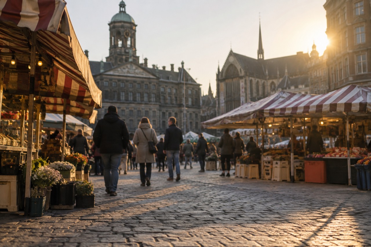 Market stalls with striped awnings along a busy Amsterdam street in daylight