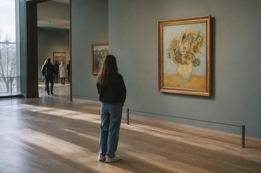 Sunflowers painting on a gallery wall in the Van Gogh Museum in Amsterdam