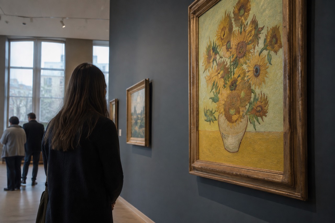 Sunflowers painting on a gallery wall in the Van Gogh Museum in Amsterdam