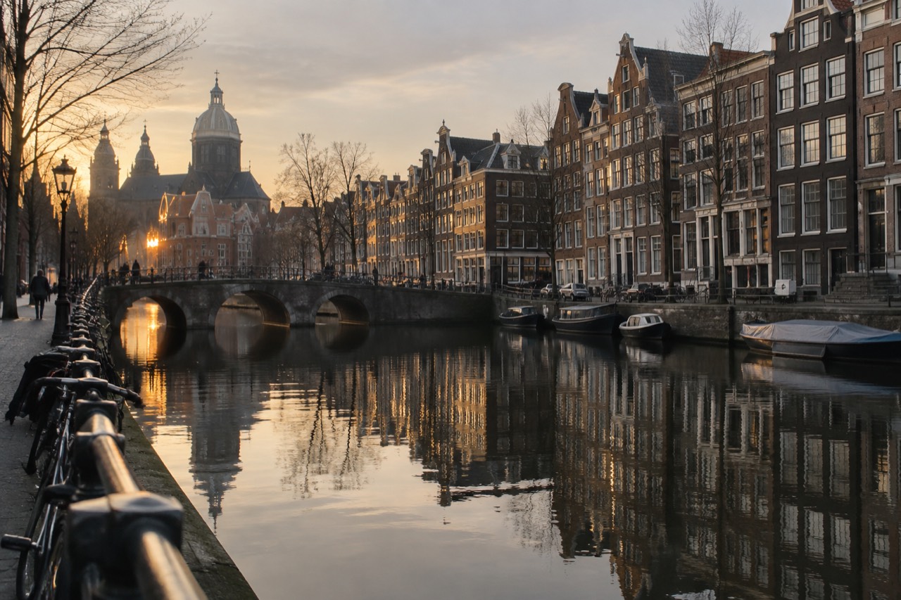 Amsterdam canal houses reflected in still water at golden hour