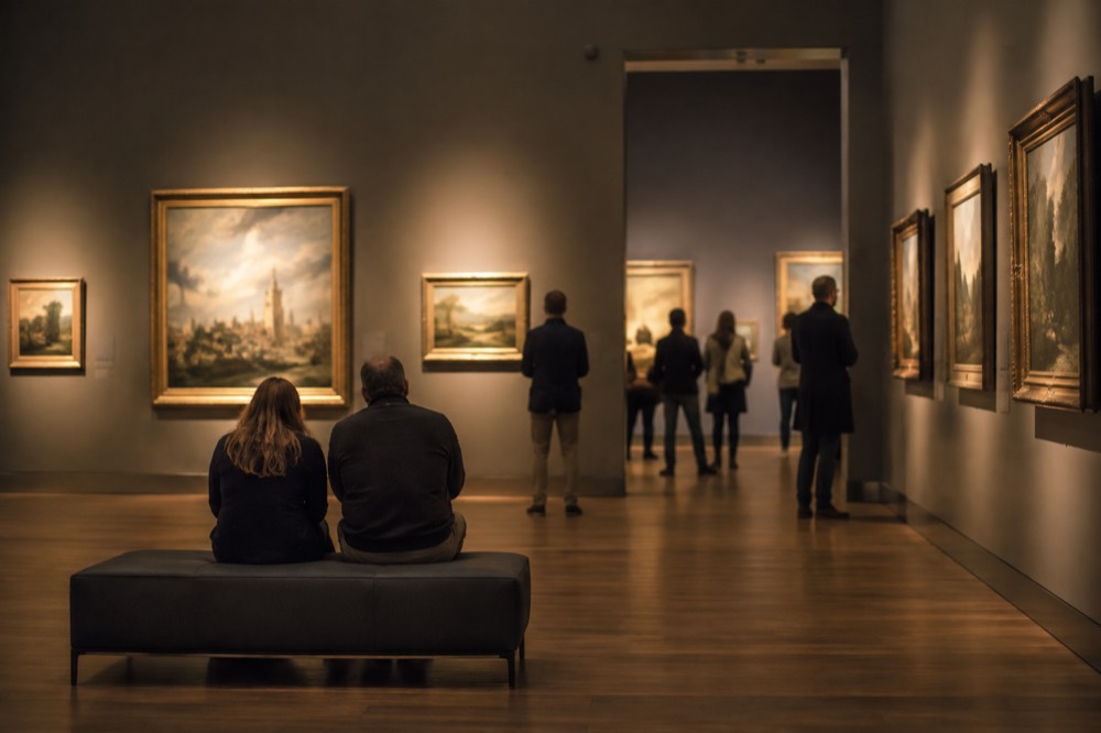 Visitors looking at paintings inside a brightly lit Amsterdam museum gallery