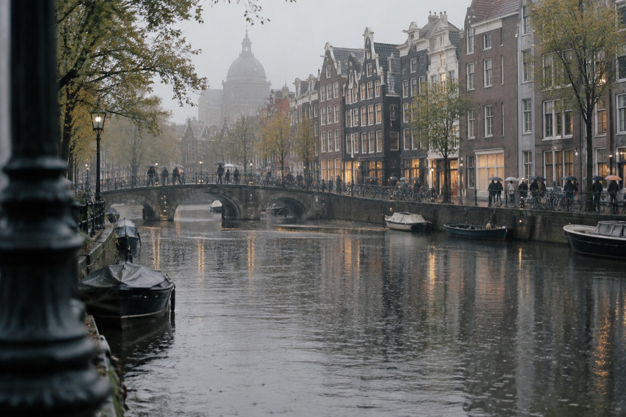 Rain falling on a canal in Amsterdam with gabled houses reflected in the water