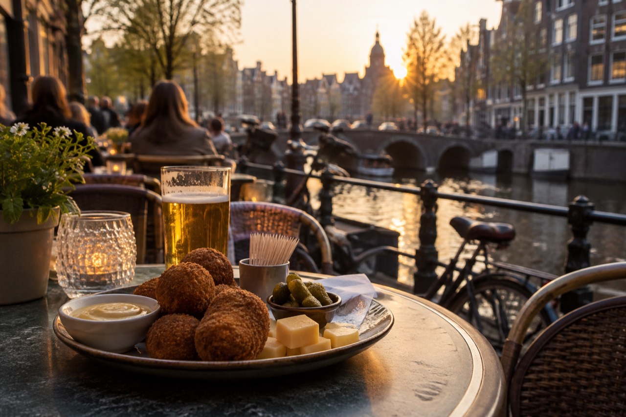 A plate of Dutch snacks on a café table beside a canal in Amsterdam