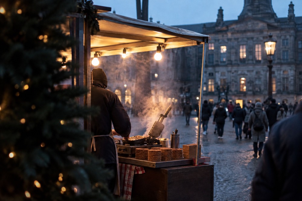 A market stall pressing fresh stroopwafels with steam rising from the waffle iron