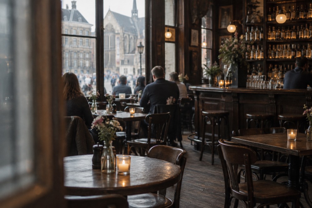A traditional Amsterdam brown café interior with dark wooden tables and candlelight