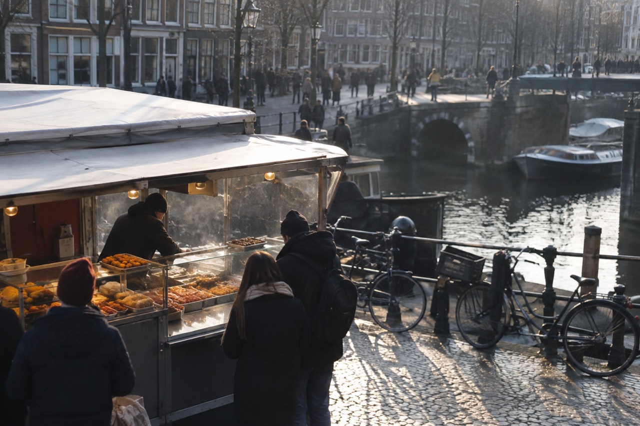 A canal-side food stall in Amsterdam with warm snacks displayed in a glass counter