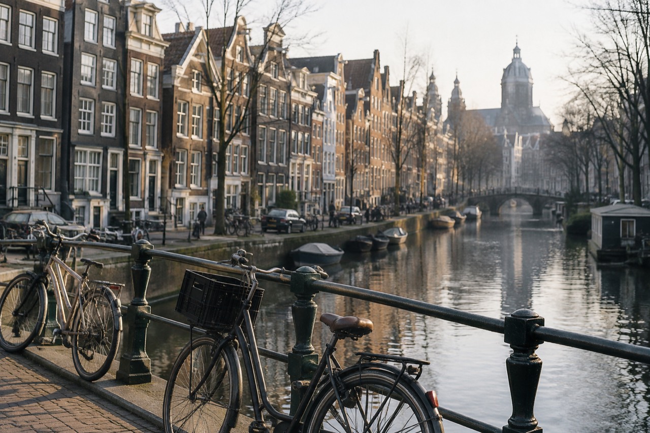 A canal in Amsterdam lined with narrow gabled houses and bicycles resting against a railing