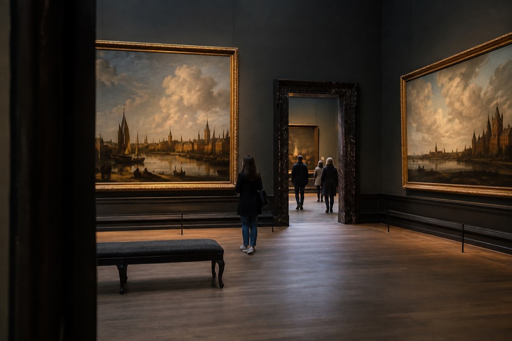 Gallery interior with large Golden Age paintings hung on dark walls