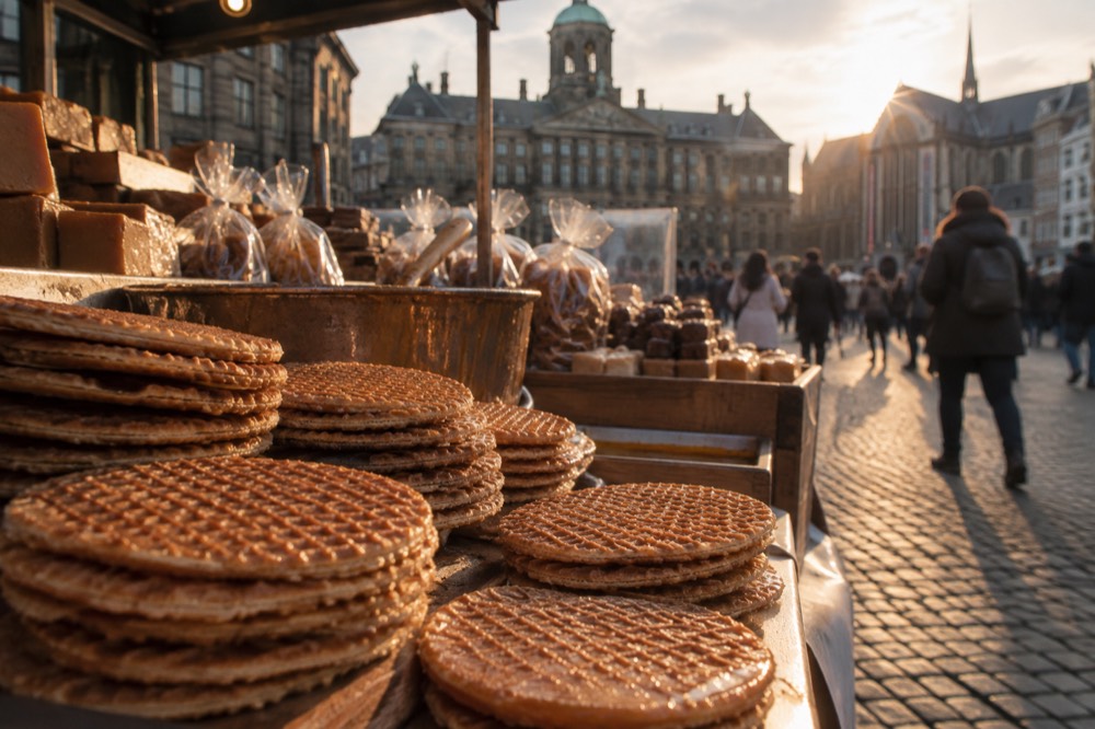 Stroopwafels and syrup treats stacked on a market stall counter