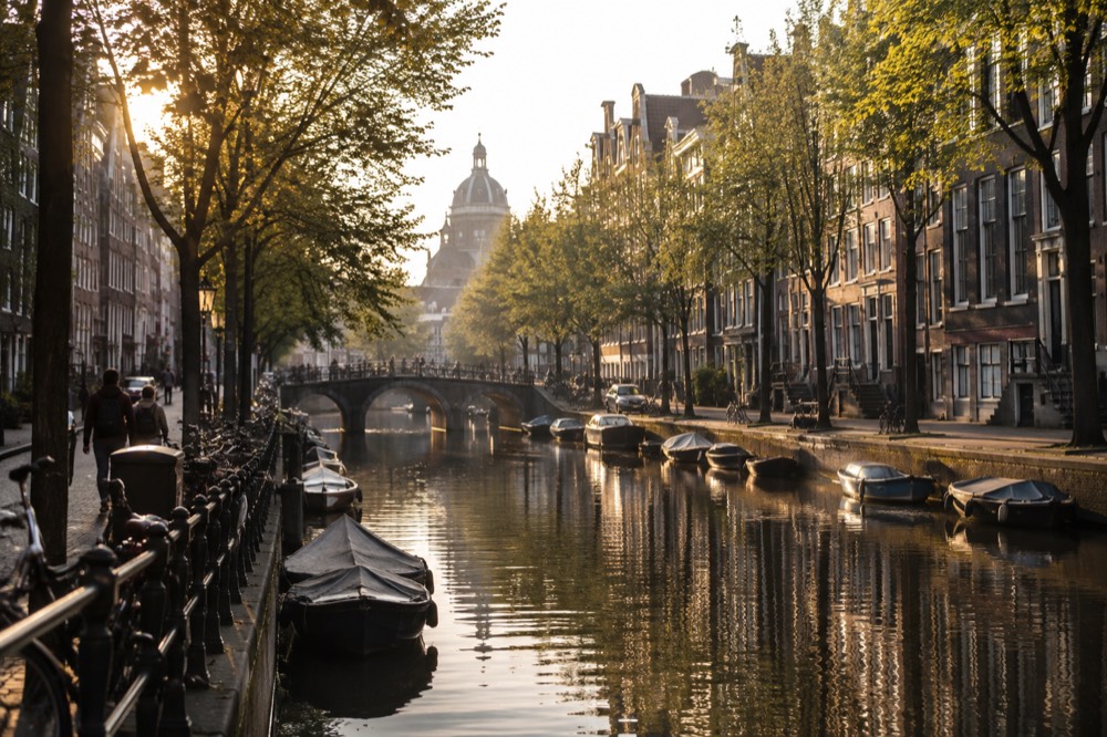 Amsterdam canal houses and trees along the water in bright daylight