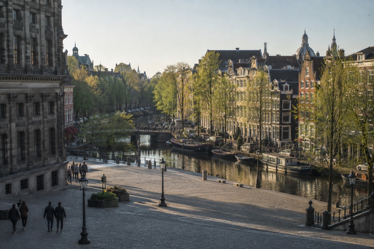 Amsterdam canal houses and trees along the water in bright daylight