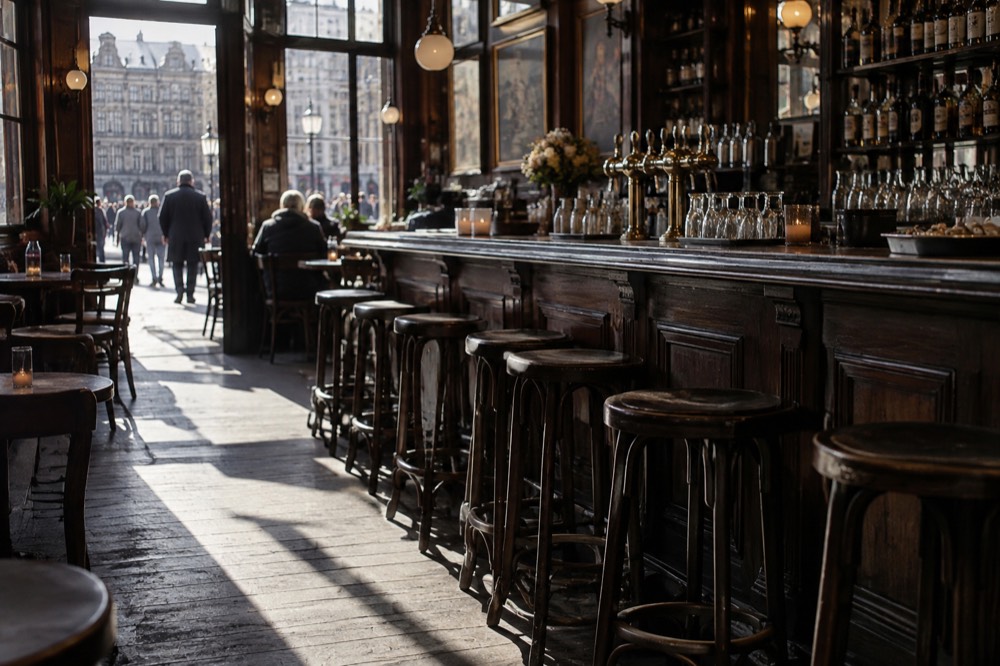 A traditional Dutch brown cafe interior with dark wood, a bar, and beer taps