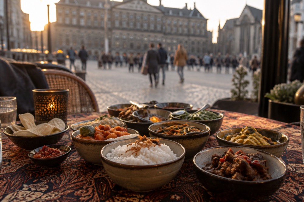 A rijsttafel spread with small bowls of Indonesian dishes and rice on a batik tablecloth