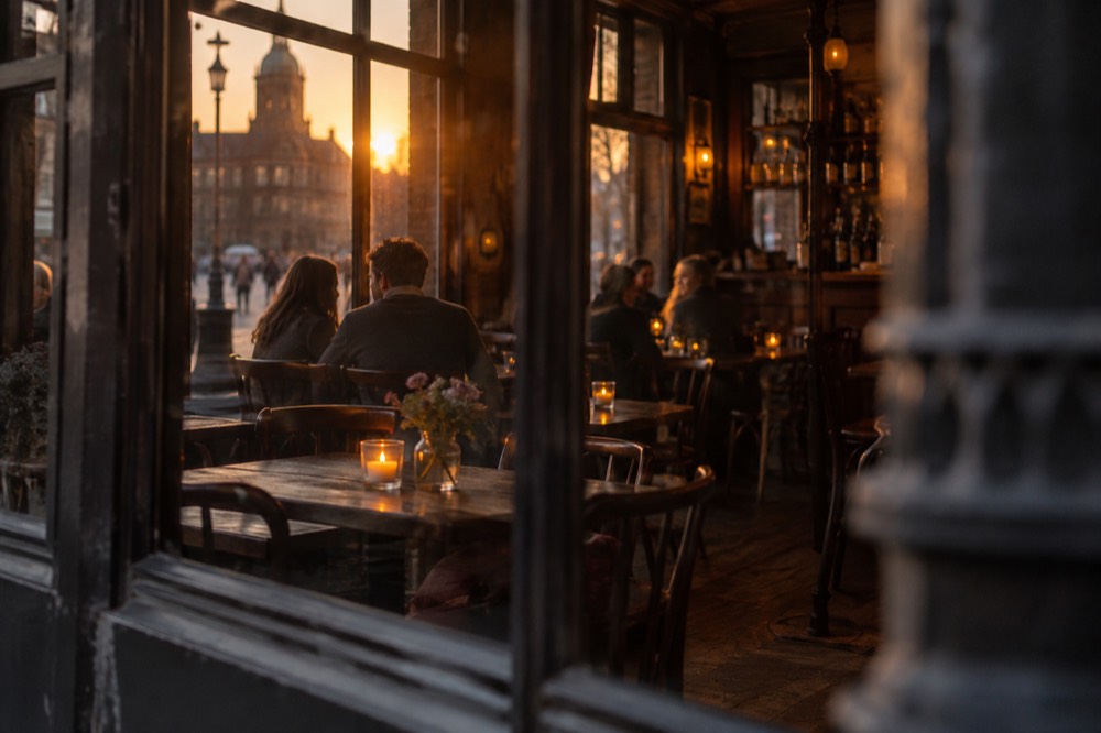 Candle-lit interior of a traditional Amsterdam brown café with wooden tables