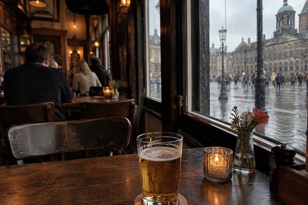 Small traditional Amsterdam brown cafe interior with wooden tables