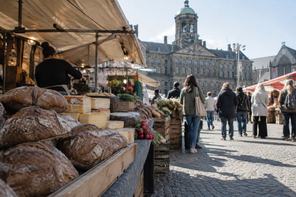 Market food stalls with crowds browsing in the late morning