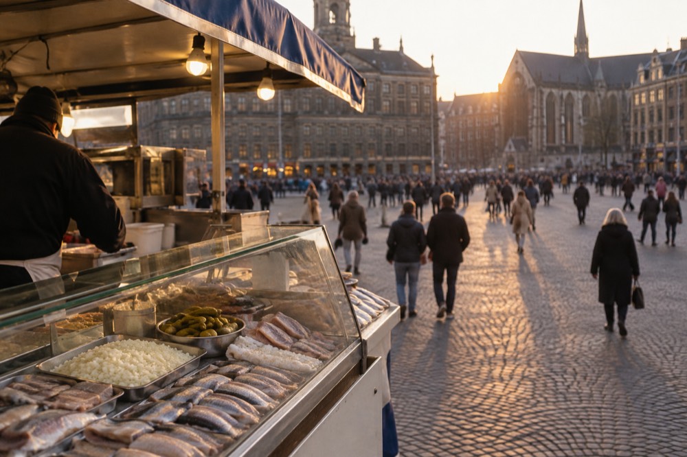 A market stall with fresh herring, onions and pickles displayed in a glass counter.