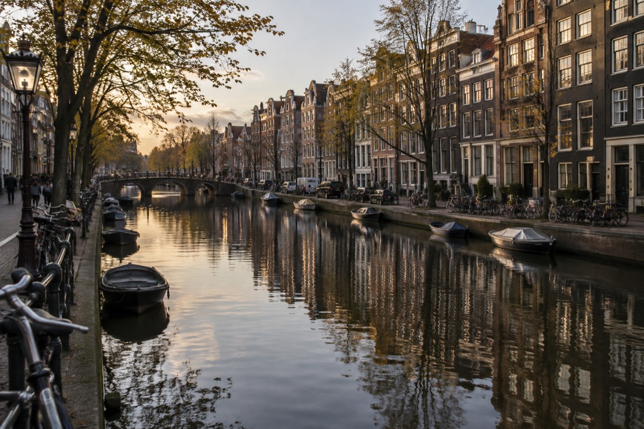 Canal houses reflected in the water of the Amsterdam canal ring at dusk
