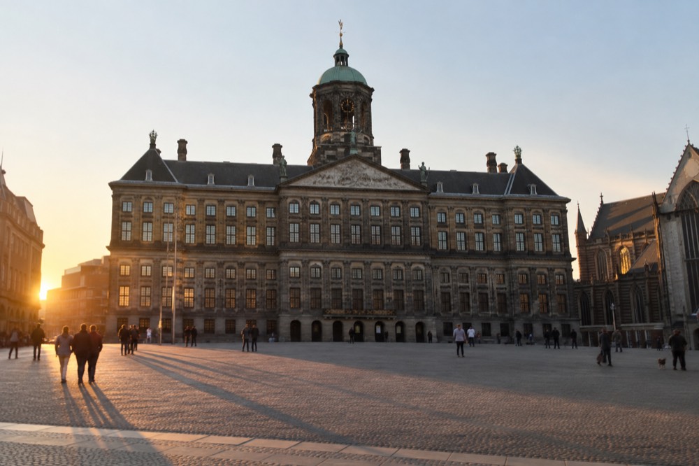 Evening light on the Royal Palace on Dam Square in Amsterdam