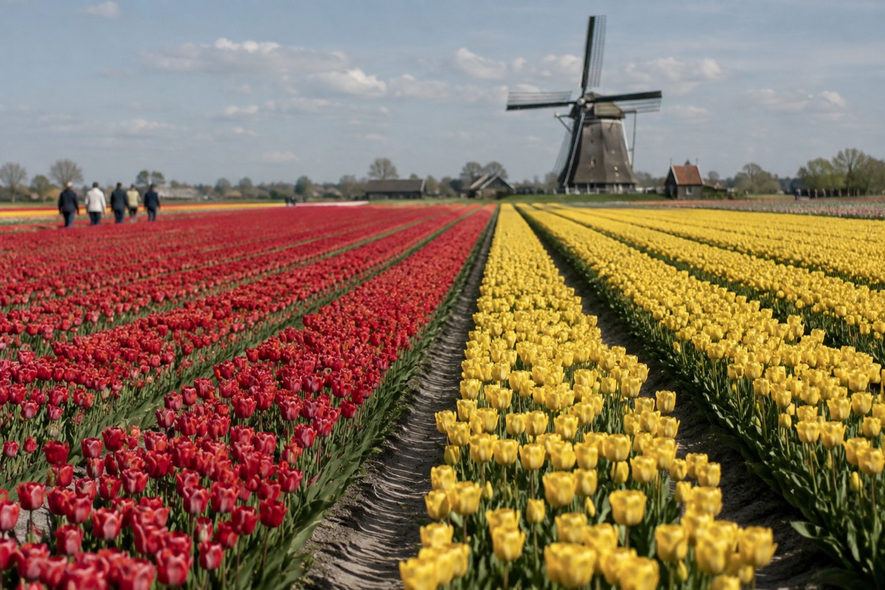 Rows of red and yellow tulips stretching across flat farmland with a windmill in the distance
