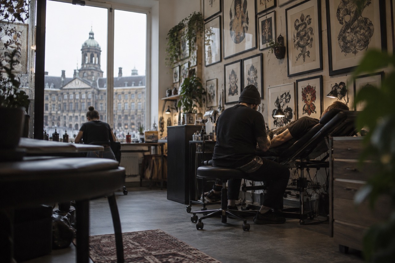 A tattoo studio interior in Amsterdam with framed artwork on the walls