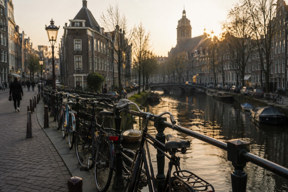 Quiet Amsterdam canal street with old brick facades and bicycles parked against a railing