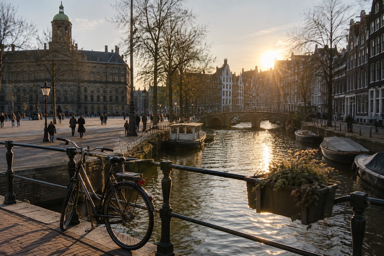 Canal houses and a bridge over an Amsterdam gracht at golden hour