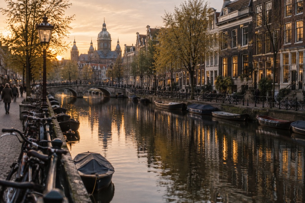 Canal houses along an Amsterdam gracht with hotel lights reflected in the water