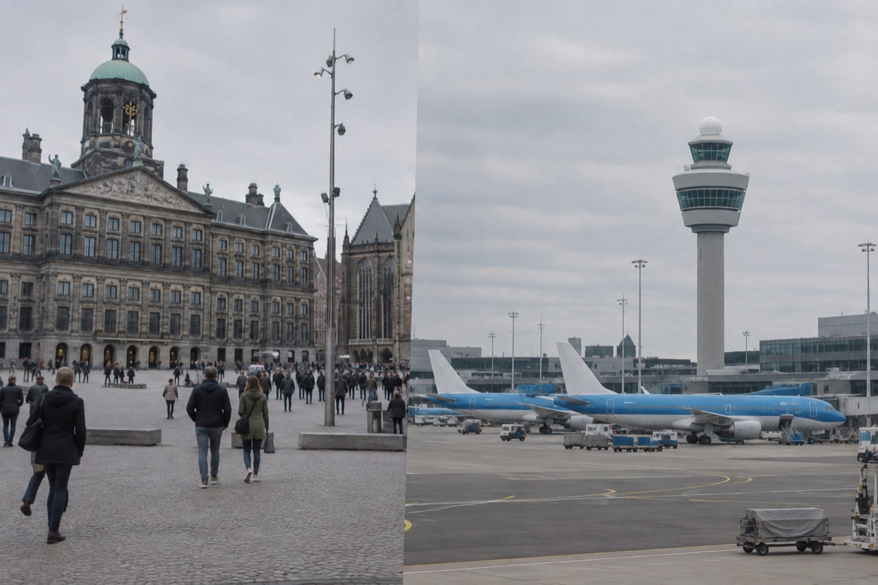 Planes parked at Schiphol Airport with the control tower in the background